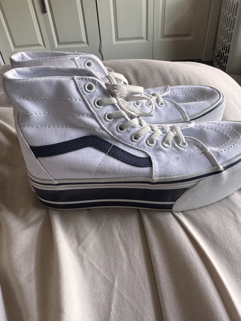 Vans White High-Top Platform Sneakers with Navy Stripe